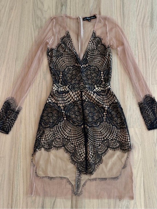 For Love And Lemons Dresses & Skirts - For Love & Lemons Blush Sheer Long-Sleeve Dress with Black Lace Overlay